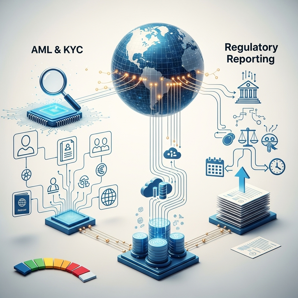 Financial services compliance database for AML KYC risk assessment and regulatory reporting